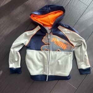 Puma boys gray, navy, orange logo Athletic zipper hoodie with pockets size 4 EUC